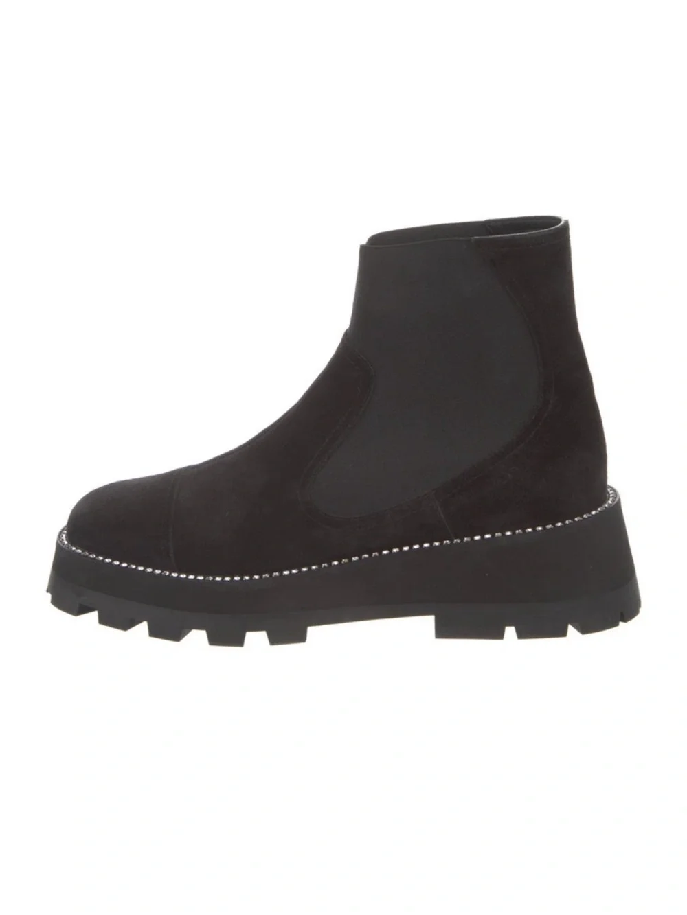 Jimmy Choo Black Suede Platform Chelsea Boot with Silver Stud Detailing